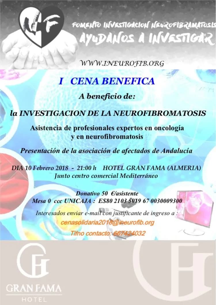 Cartel de la I Cena benéfica, con la fecha, el hotel y el donativo por asistente