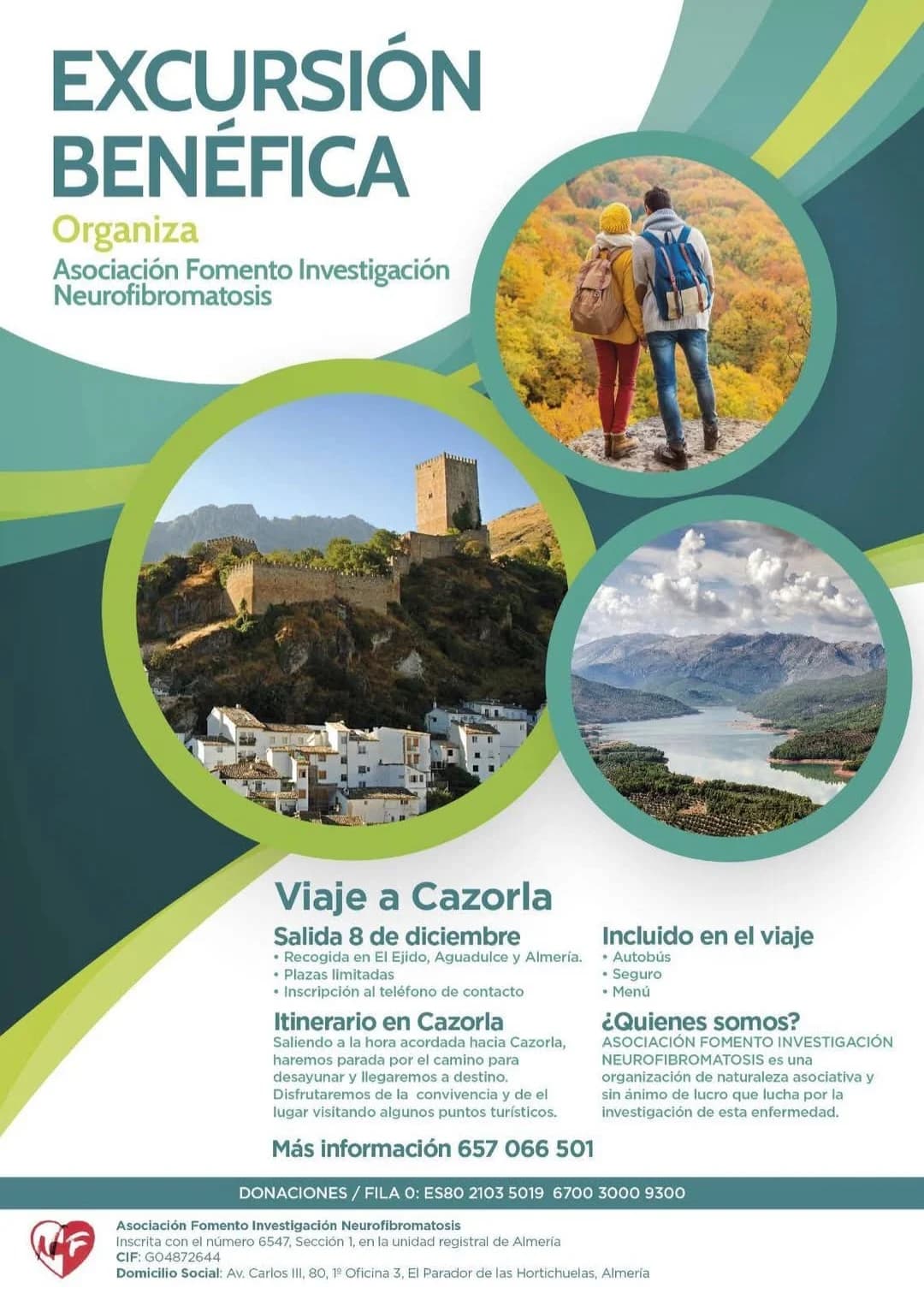 Cartel de la excursión benéfica a Cazorla, con el castillo de la Yedra y el pantano de la sierra