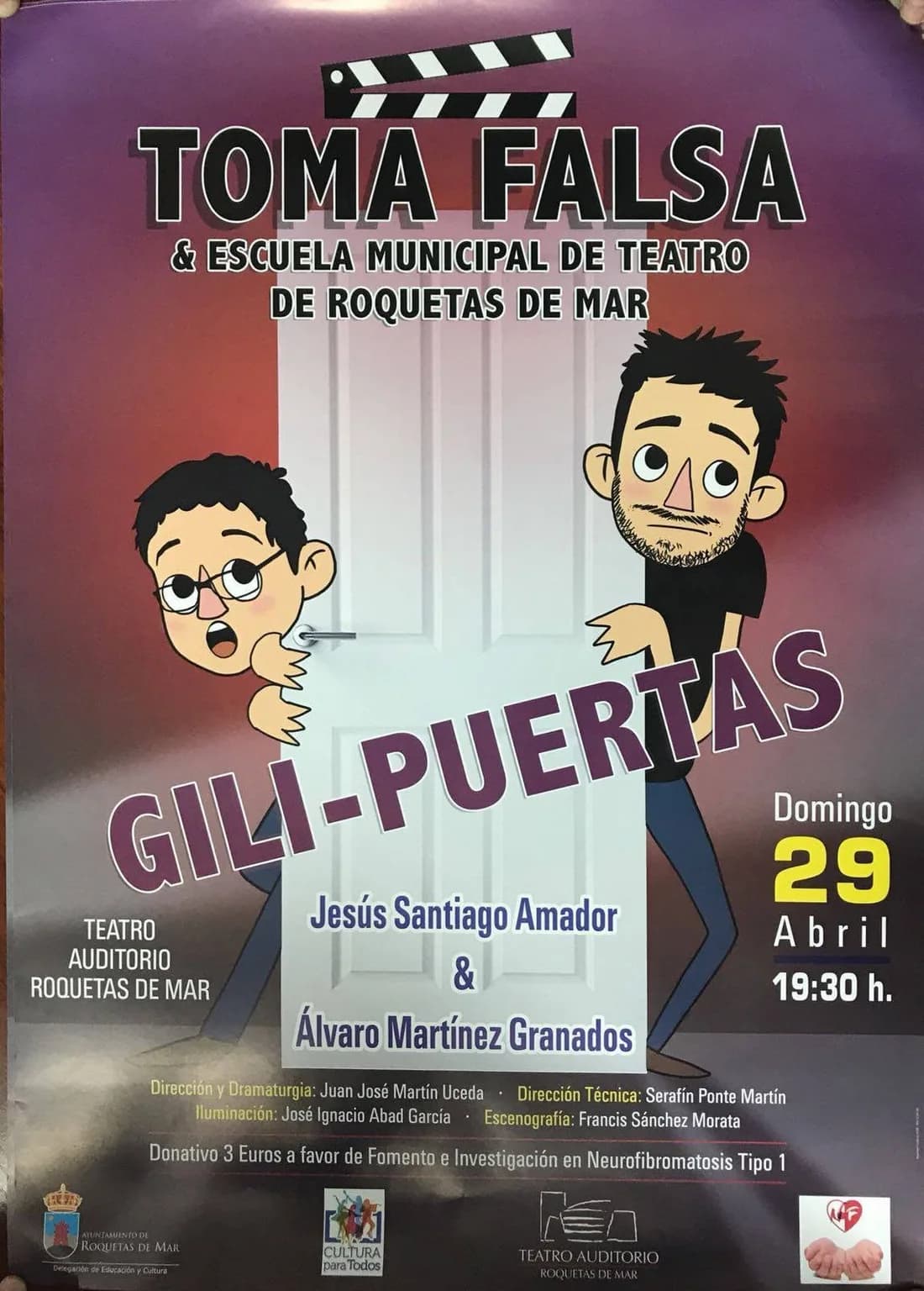 Cartel de la función Gili-Puertas, con la fecha, el teatro y el donativo a favor de la asociación